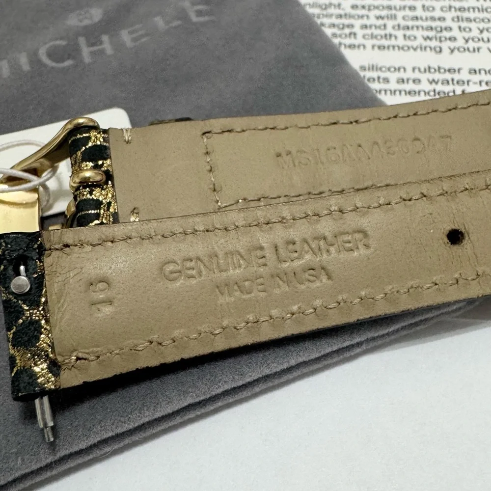 NEW wTags Michele 16MM Black Leather Gold Lace Watch Band